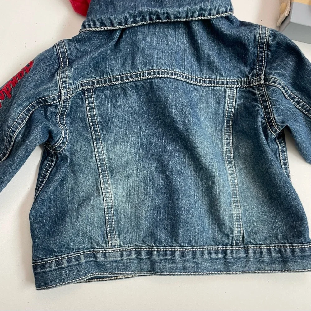 Gap Baby Jacket Denim Embroidered Handsome Devil Removable Hood Pockets Blue Red